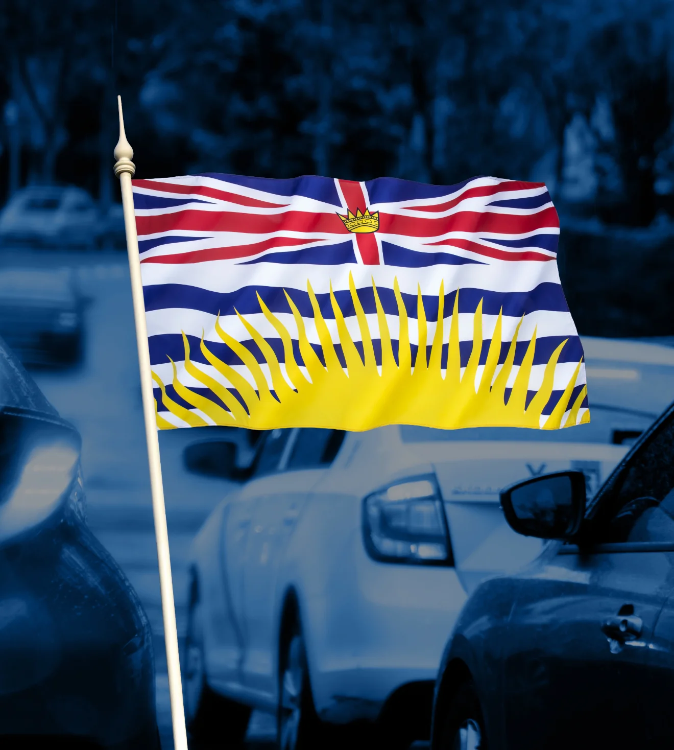 BC Flag waving over cars